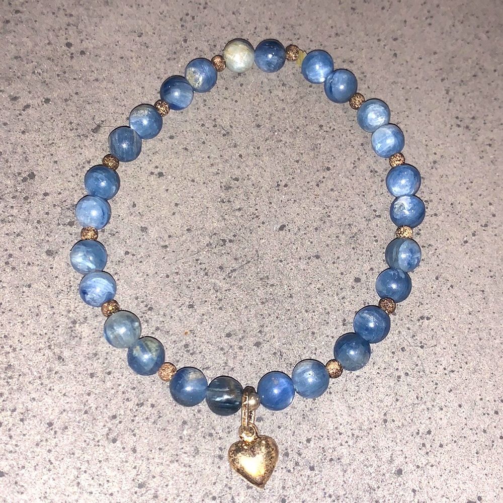 2/$14 Blue agate natural gemstone bead and silver spacer bracelet heart charm